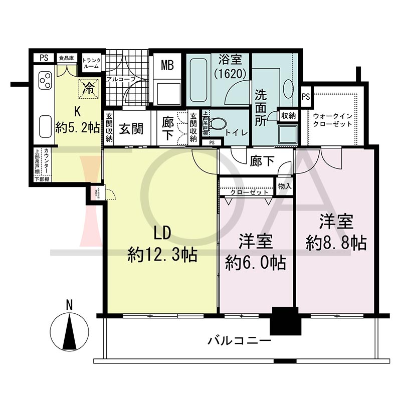 ライオンズマンション大阪スカイタワーの間取り図 南向き 2LDK+WIC 専有面積78.49m2
バルコニー面積12.78m2