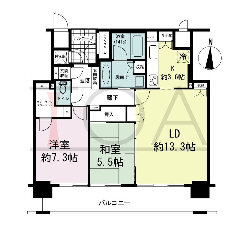 ライオンズマンション大阪スカイタワーの間取り図 南向き 2LDK+WIC 専有面積71.73m2
バルコニー面積12.55m2