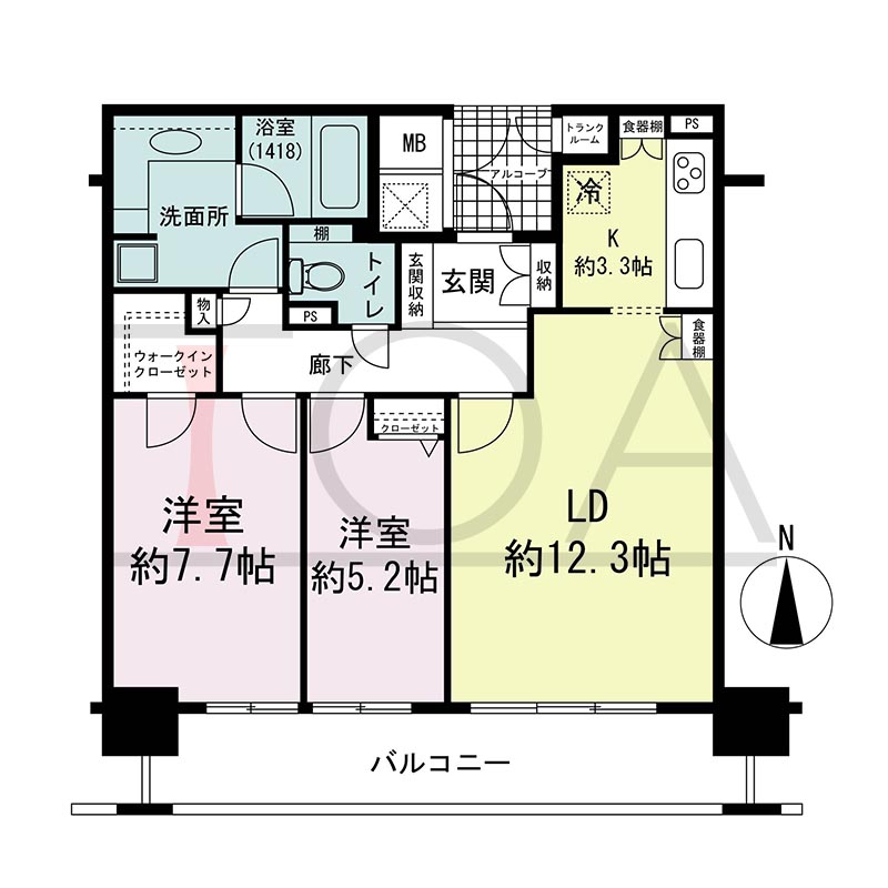 ライオンズマンション大阪スカイタワーの間取り図 南向き 2LDK+WIC 専有面積70.74m2
バルコニー面積12.55m2