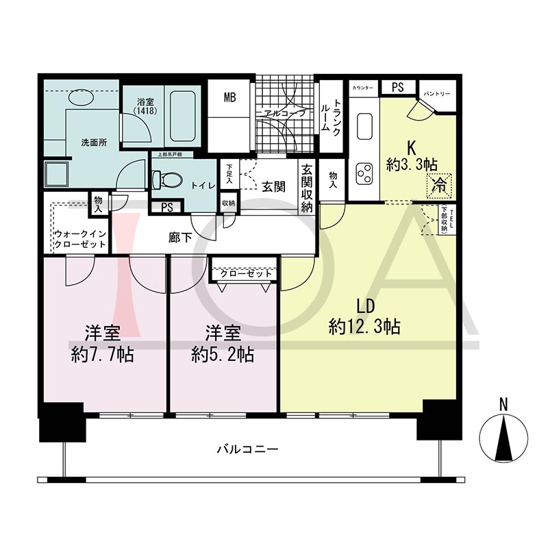 ライオンズマンション大阪スカイタワーの間取り図 南向き 2LDK+WIC 専有面積71.10m2
バルコニー面積12.55m2