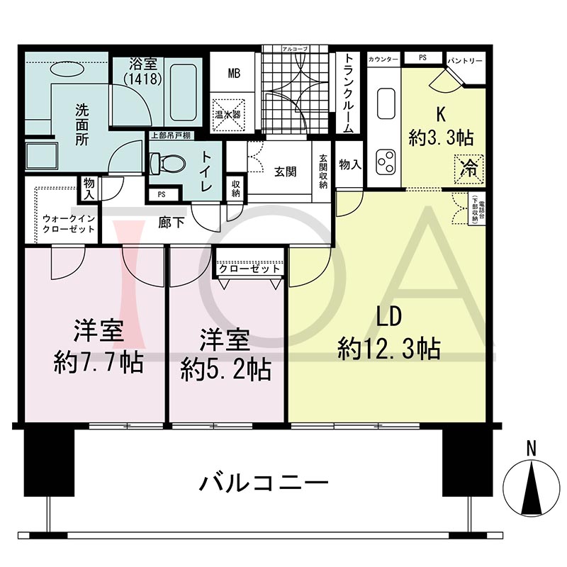 ライオンズマンション大阪スカイタワーの間取り図 南向き 2LDK+WIC 専有面積71.10m2
バルコニー面積19.43m2