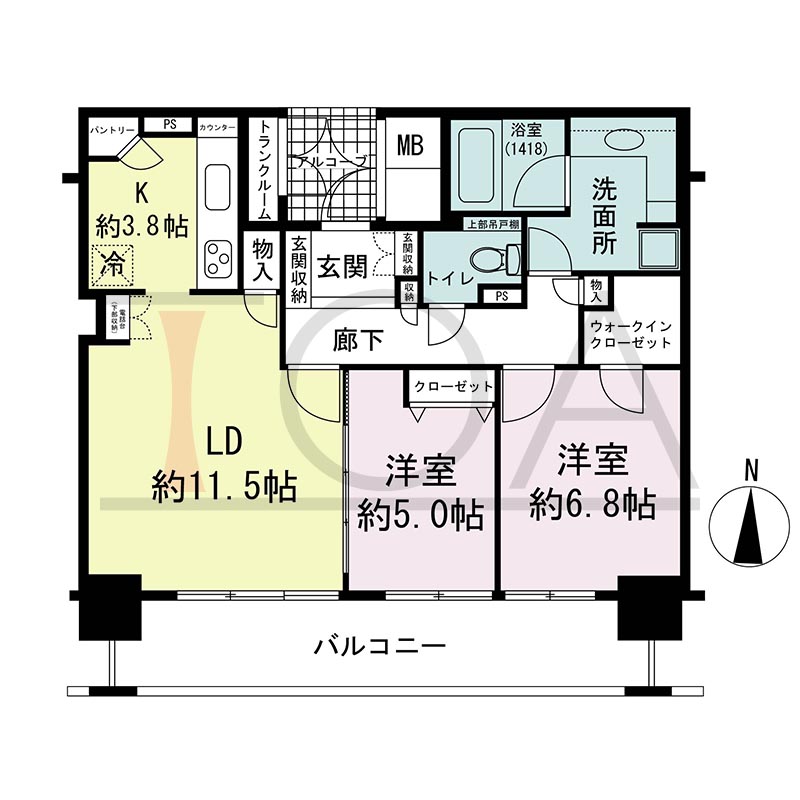 ライオンズマンション大阪スカイタワーの間取り図 南向き 2LDK+WIC 専有面積70.87m2
バルコニー面積12.55m2