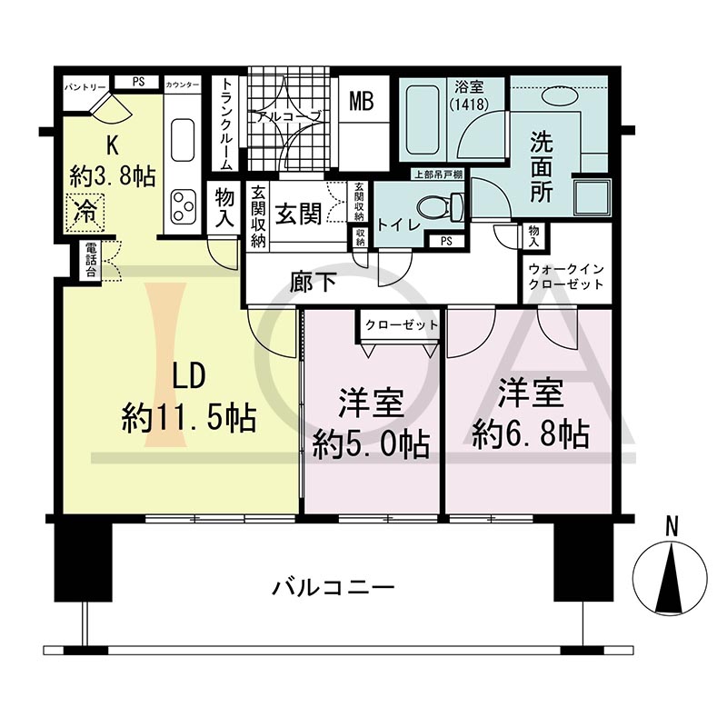 ライオンズマンション大阪スカイタワーの間取り図 南向き 2LDK+WIC 専有面積70.87m2
バルコニー面積19.43m2