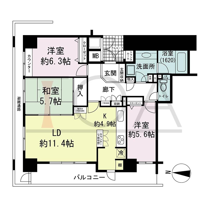 ライオンズマンション大阪スカイタワーの間取り図 西向き角 3LDK 専有面積83.86m2
バルコニー面積12.99m2