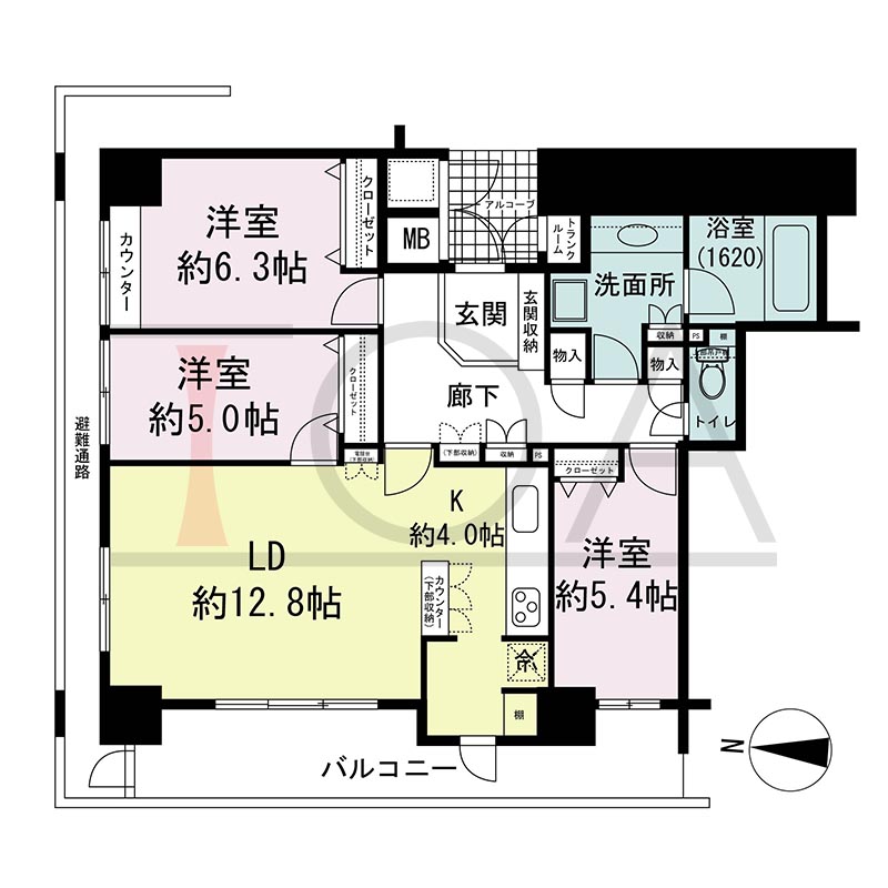 ライオンズマンション大阪スカイタワーの間取り図 北西向き角 3LDK 専有面積83.86m2
バルコニー面積12.99m2