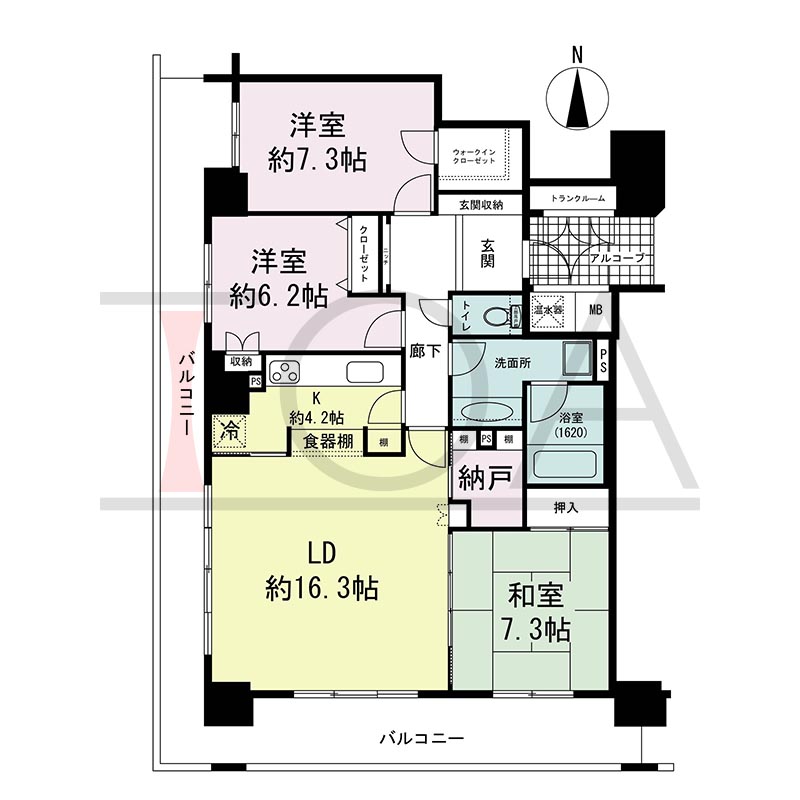 ライオンズマンション大阪スカイタワーの間取り図 南西向き角 3LDK+WIC 専有面積98.90m2
バルコニー面積29.03m2