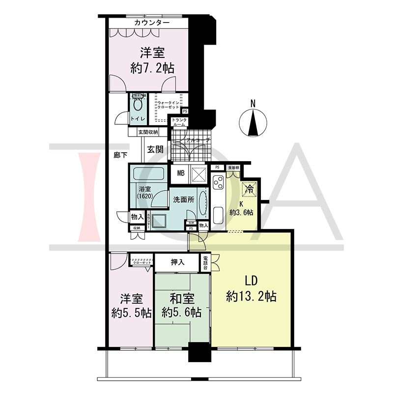 ライオンズマンション大阪スカイタワーの間取り図 南向き 3LDK+WIC 専有面積91.36m2
バルコニー面積12.55m2