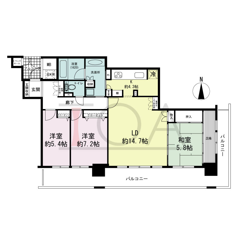ライオンズマンション大阪スカイタワーの間取り図 南向き角 3LDK 専有面積93.39m2
バルコニー面積25.08m2