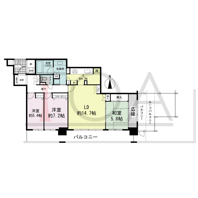 ライオンズマンション大阪スカイタワーの間取り図 南向き角 3LDK 専有面積93.39m2
バルコニー面積23.35m2
ルーフバルコニー面積11.86m2