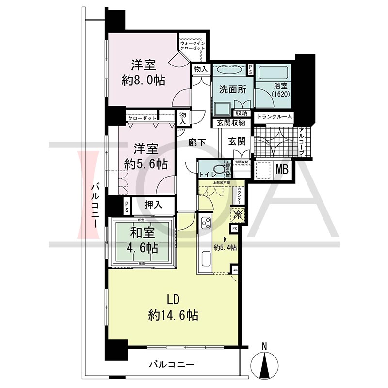 ライオンズマンション大阪スカイタワーの間取り図 南西向き角 3LDK+WIC 専有面積94.90m2
バルコニー面積25.41m2