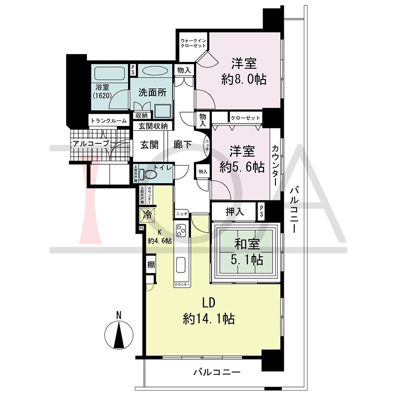 ライオンズマンション大阪スカイタワーの間取り図 南東向き角 3LDK+WIC 専有面積94.14m2
バルコニー面積25.41m2