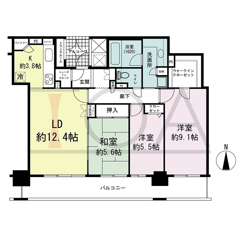 ライオンズマンション大阪スカイタワーの間取り図 南向き 3LDK+WIC 専有面積90.37m2
バルコニー面積16.83m2