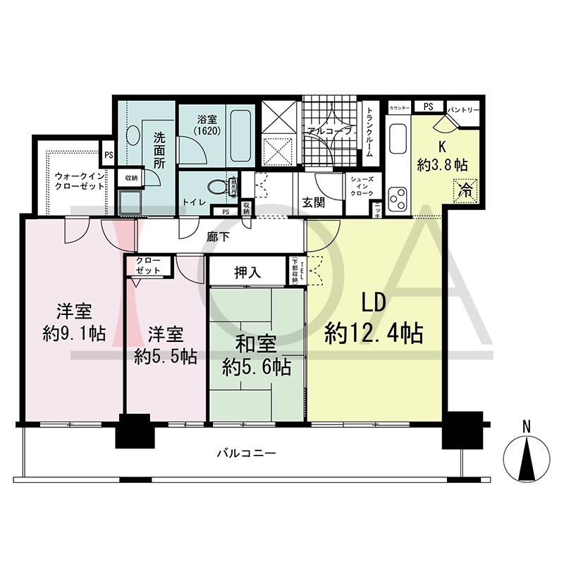 ライオンズマンション大阪スカイタワーの間取り図 南向き 3LDK+WIC 専有面積90.37m2
バルコニー面積16.83m2