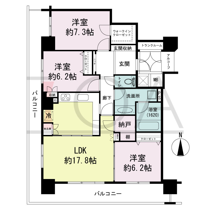 ライオンズマンション大阪スカイタワーの間取り図 南西向き角 3LDK+WIC 専有面積92.12m2
バルコニー面積27.30m2