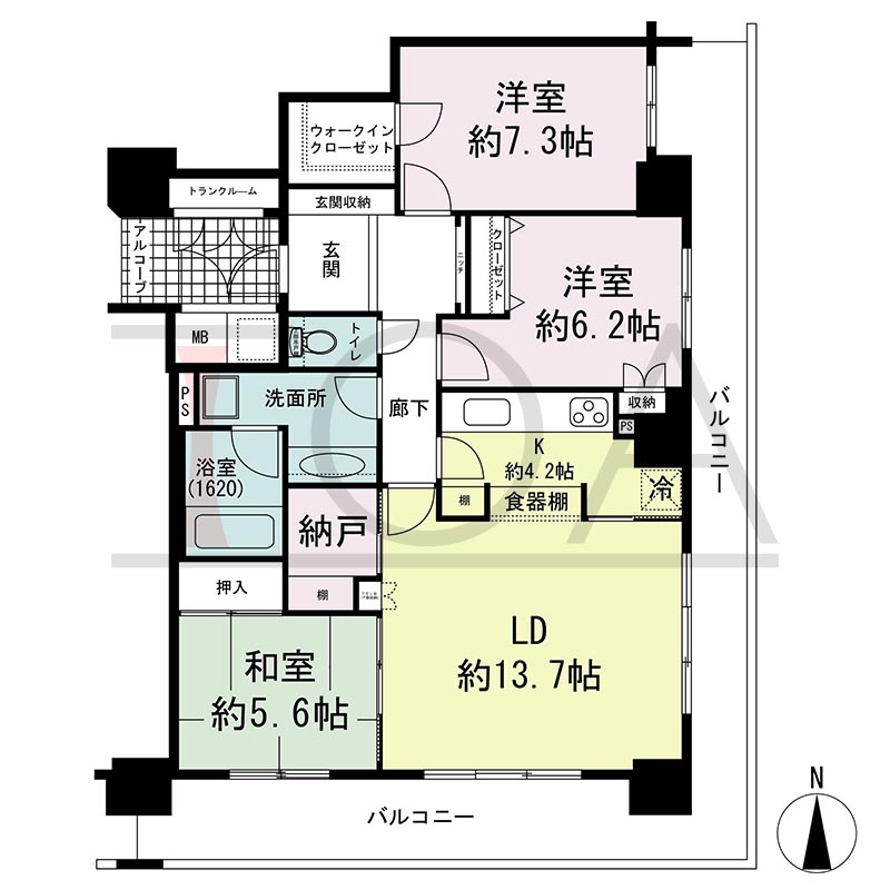 ライオンズマンション大阪スカイタワーの間取り図 南東向き角 3LDK+WIC 専有面積92.12m2
バルコニー面積27.30m2