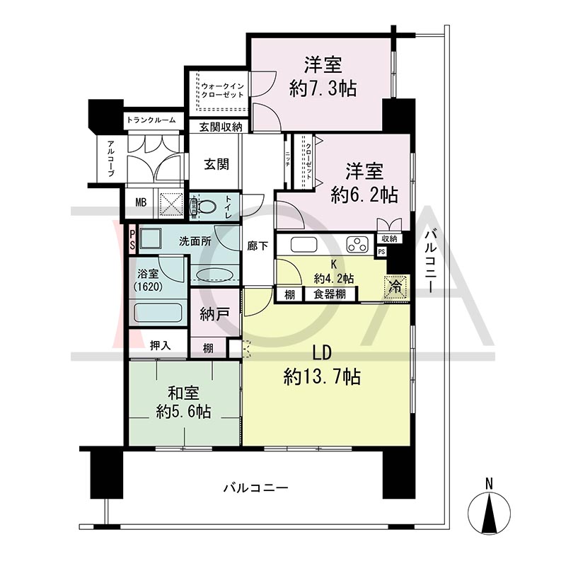 ライオンズマンション大阪スカイタワーの間取り図 南東向き角 3LDK+WIC 専有面積92.12m2
バルコニー面積36.27m2