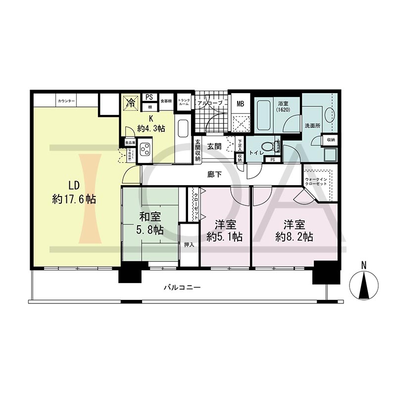 ライオンズマンション大阪スカイタワーの間取り図 南向き 3LDK+WIC 専有面積99.86m2
バルコニー面積18.83m2