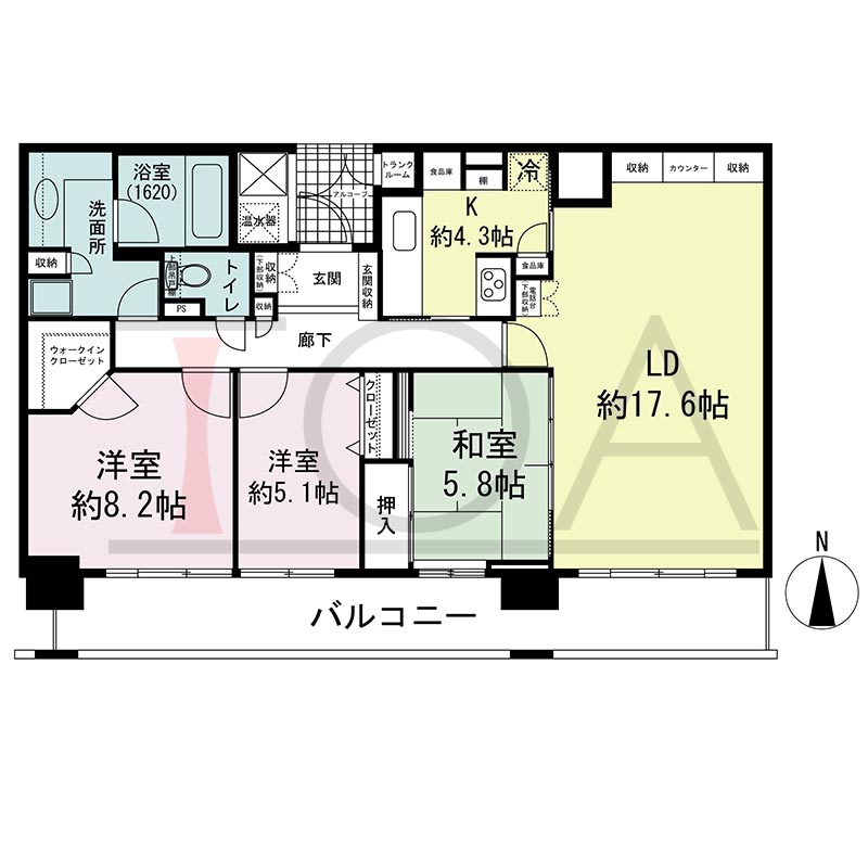 ライオンズマンション大阪スカイタワーの間取り図 南向き 3LDK+WIC 専有面積99.86m2
バルコニー面積18.83m2