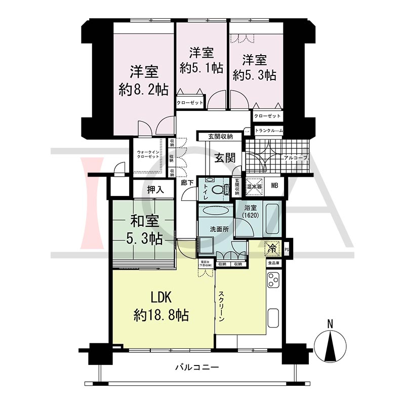 ライオンズマンション大阪スカイタワーの間取り図 南向き 4LDK+WIC 専有面積103.79m2
バルコニー面積12.55m2