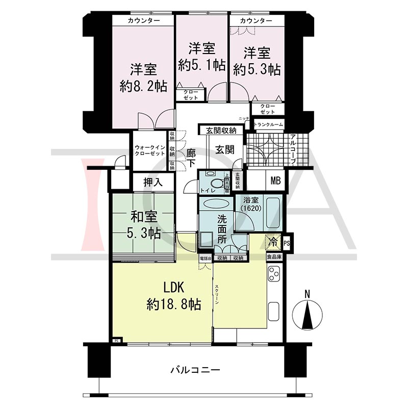 ライオンズマンション大阪スカイタワーの間取り図 南向き 4LDK+WIC 専有面積103.79m2
バルコニー面積19.43m2