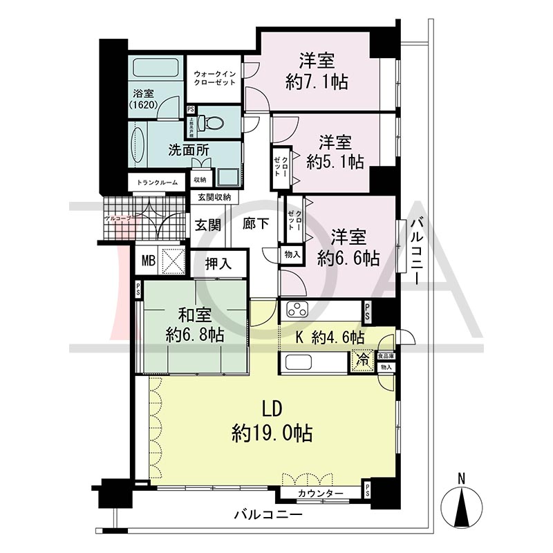 ライオンズマンション大阪スカイタワーの間取り図 南東向き角 4LDK+WIC 専有面積116.18m2
バルコニー面積26.21m2