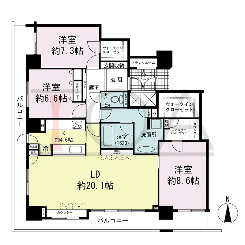 ライオンズマンション大阪スカイタワーの間取り図 南西向き角 3LDK+WIC 専有面積116.77m2
バルコニー面積29.43m2