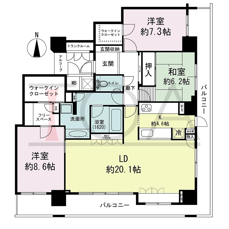 ライオンズマンション大阪スカイタワーの間取り図 南東向き角 3LDK+WIC 専有面積116.77m2
バルコニー面積29.43m2