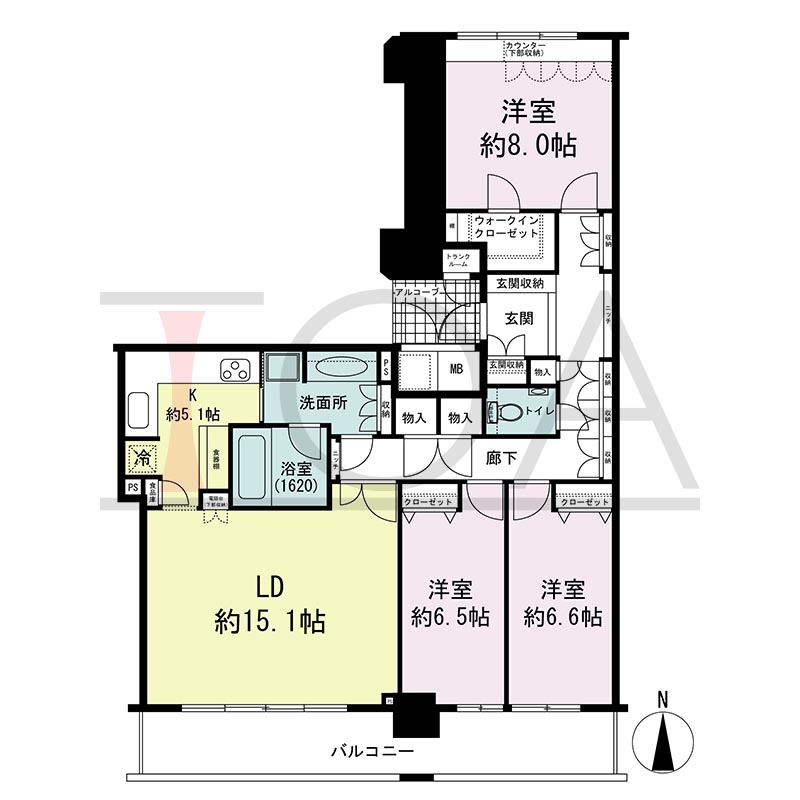 ライオンズマンション大阪スカイタワーの間取り図 南向き 3LDK+WIC 専有面積103.86m2
バルコニー面積14.95m2