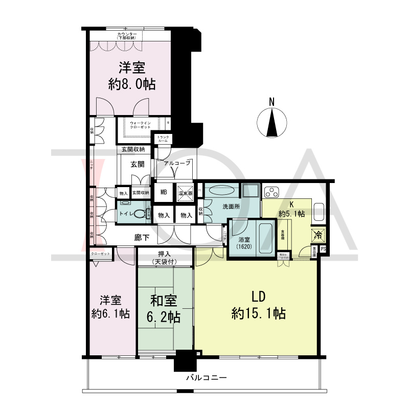 ライオンズマンション大阪スカイタワーの間取り図 南向き 3LDK+WIC 専有面積103.86m2
バルコニー面積14.95m2