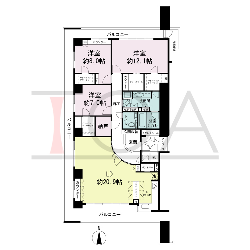 ライオンズマンション大阪スカイタワーの間取り図 南西向き角 3LDK+WIC 専有面積141.54m2
バルコニー面積40.56m2