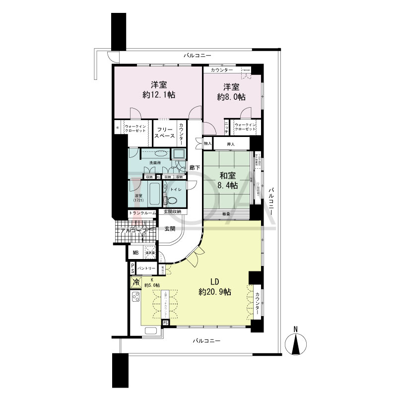 ライオンズマンション大阪スカイタワーの間取り図 南東向き角 3LDK+WIC 専有面積141.54m2
バルコニー面積40.56m2