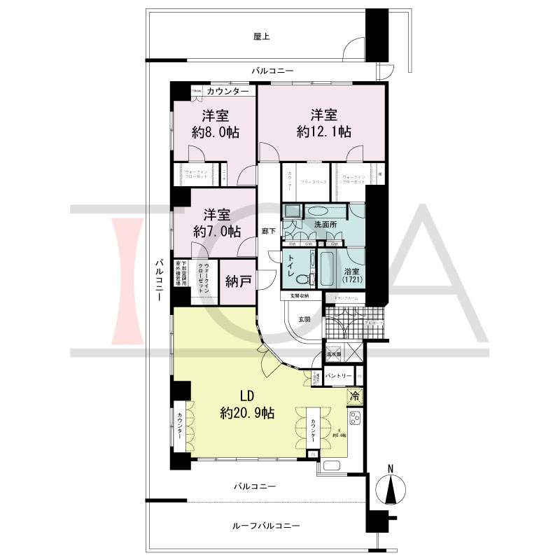 ライオンズマンション大阪スカイタワーの間取り図 南西向き角 3LDK+WIC 専有面積141.54m2
バルコニー面積42.30m2
ルーフバルコニー面積21.00m2