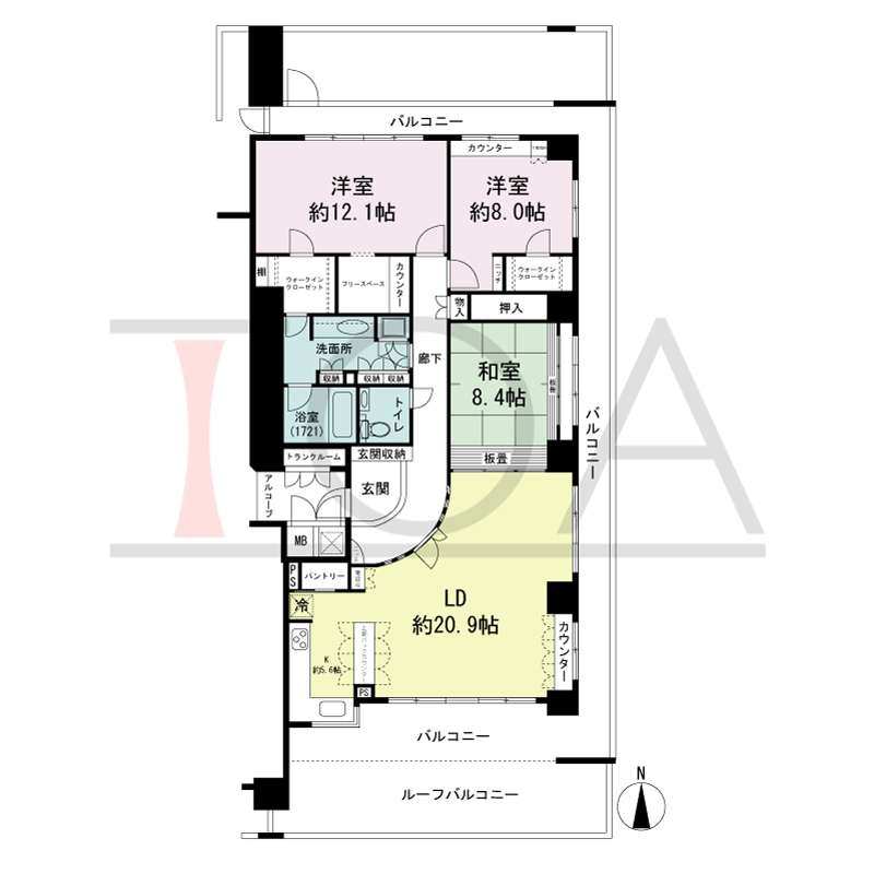 ライオンズマンション大阪スカイタワーの間取り図 南東向き角 3LDK+WIC 専有面積141.54m2
バルコニー面積42.30m2
ルーフバルコニー面積21.00m2