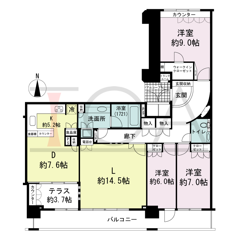 ライオンズマンション大阪スカイタワーの間取り図 南向き 3LDK+WIC 専有面積127.45m2
バルコニー面積18.83m2