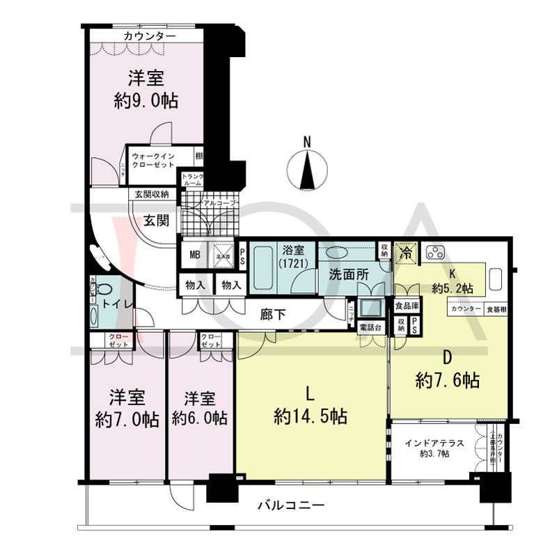 ライオンズマンション大阪スカイタワーの間取り図 南向き 3LDK+WIC 専有面積127.45m2
バルコニー面積18.83m2