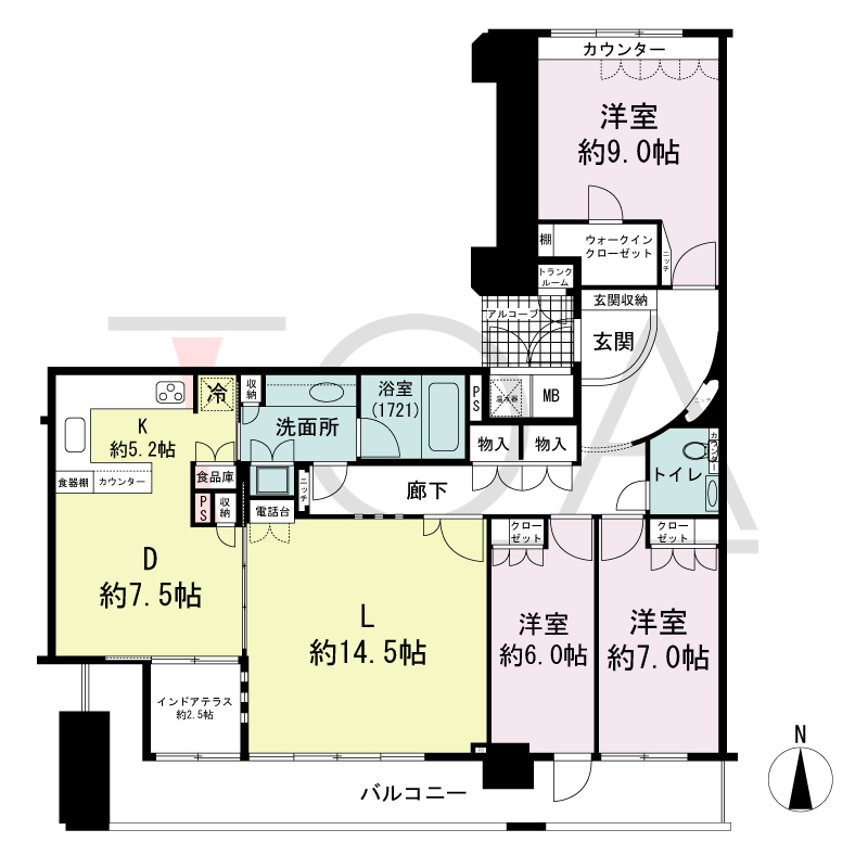 ライオンズマンション大阪スカイタワーの間取り図 南向き 3LDK+WIC 専有面積124.27m2
バルコニー面積20.03m2