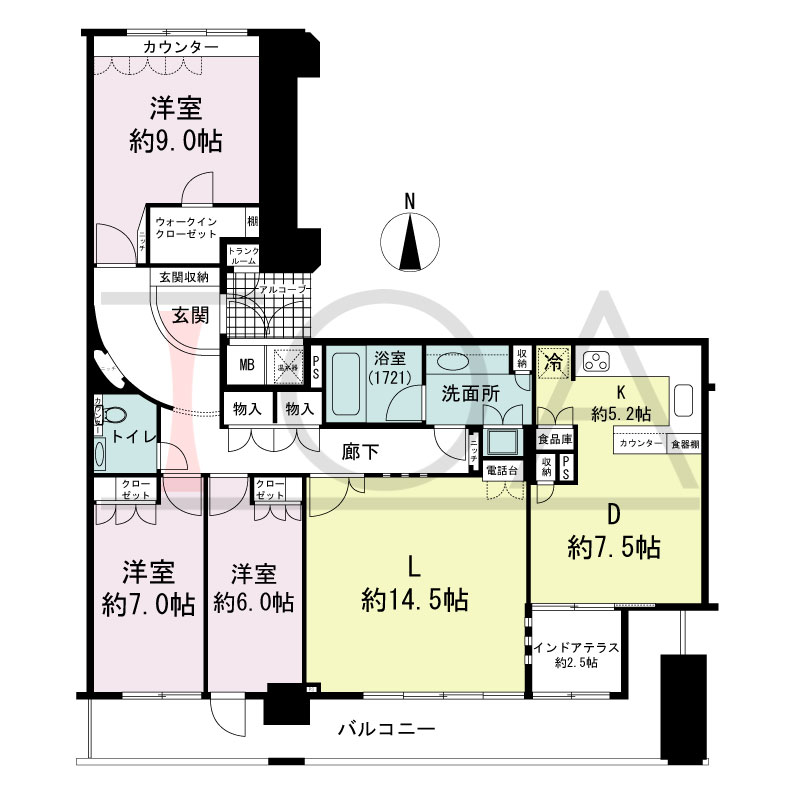 ライオンズマンション大阪スカイタワーの間取り図 南向き 3LDK+WIC 専有面積124.27m2
バルコニー面積20.03m2