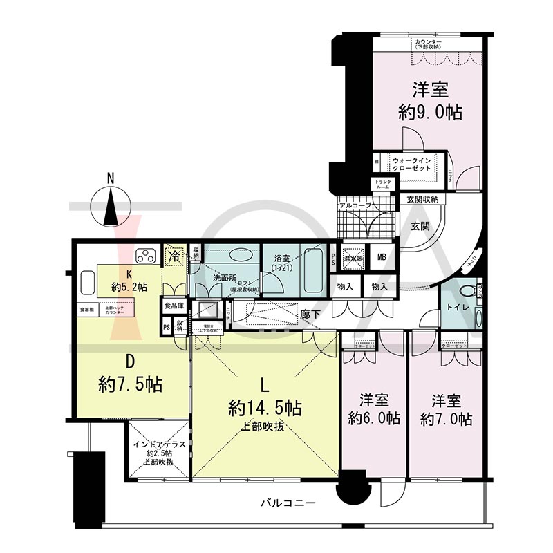 ライオンズマンション大阪スカイタワーの間取り図 南向き 3LDK+WIC 専有面積124.27m2
バルコニー面積20.03m2