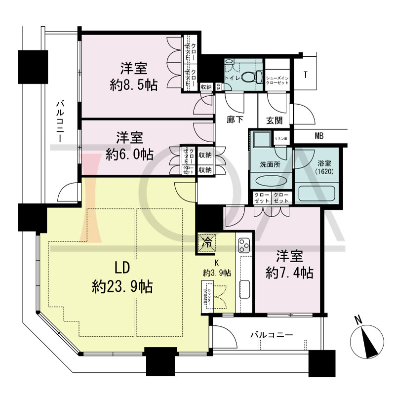 The Kitahama(ザ キタハマ)の間取り図 南西向き角 3LDK 専有面積107.16m2
バルコニー面積14.31m2