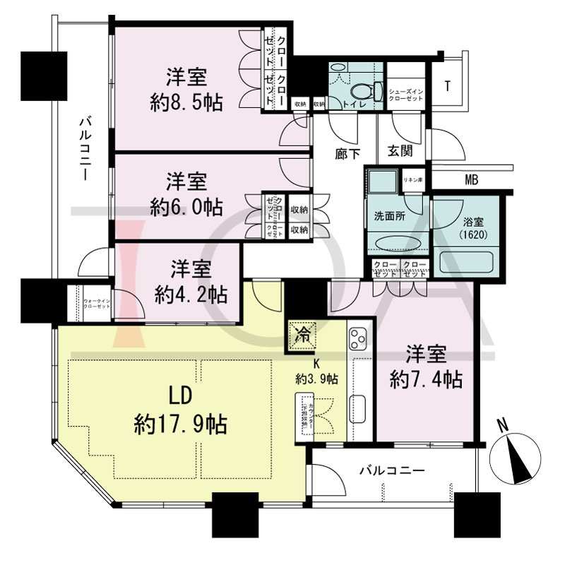 The Kitahama(ザ キタハマ)の間取り図 南西向き角 3LDK 専有面積107.16m2
バルコニー面積14.31m2