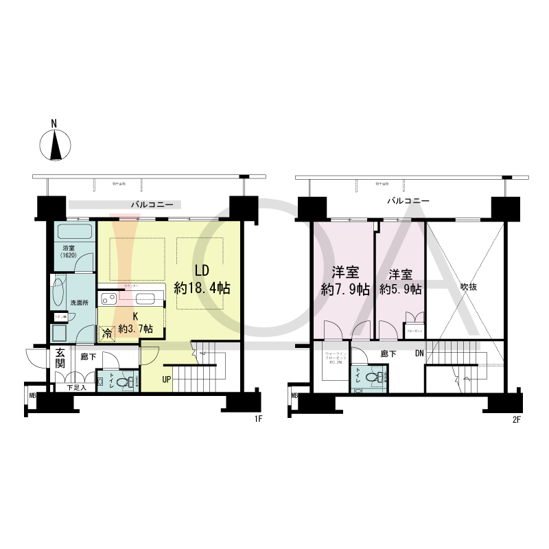 ヴィークタワー南堀江の間取り図 北向き 2LDK+WIC 専有面積98.88m2
バルコニー面積28.94m2