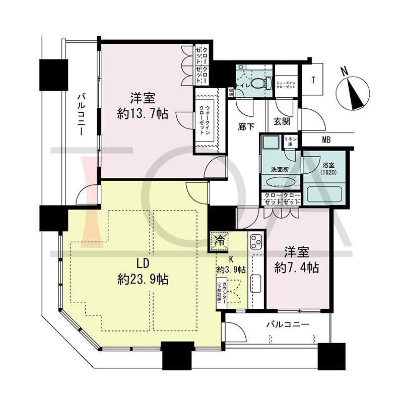 The Kitahama(ザ キタハマ)の間取り図 南西向き角 2LDK 専有面積107.16m2
バルコニー面積14.31m2