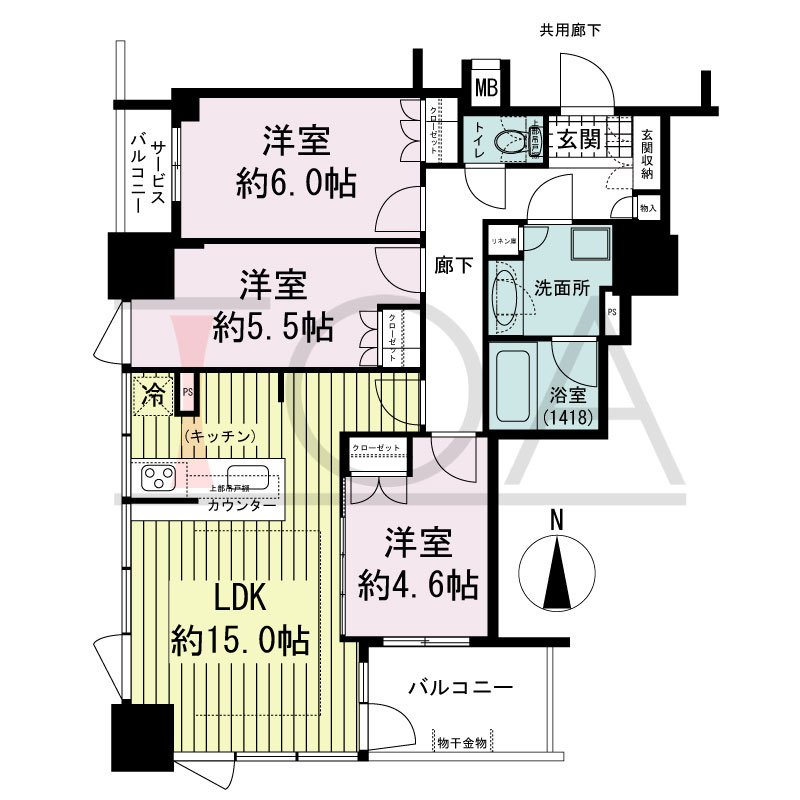 プレサンスレジェンド堺筋本町タワーの間取り図 南向き角　3LDK　専有面積71.18m2
バルコニー面積5.28m2
サービスバルコニー面積2.44m2