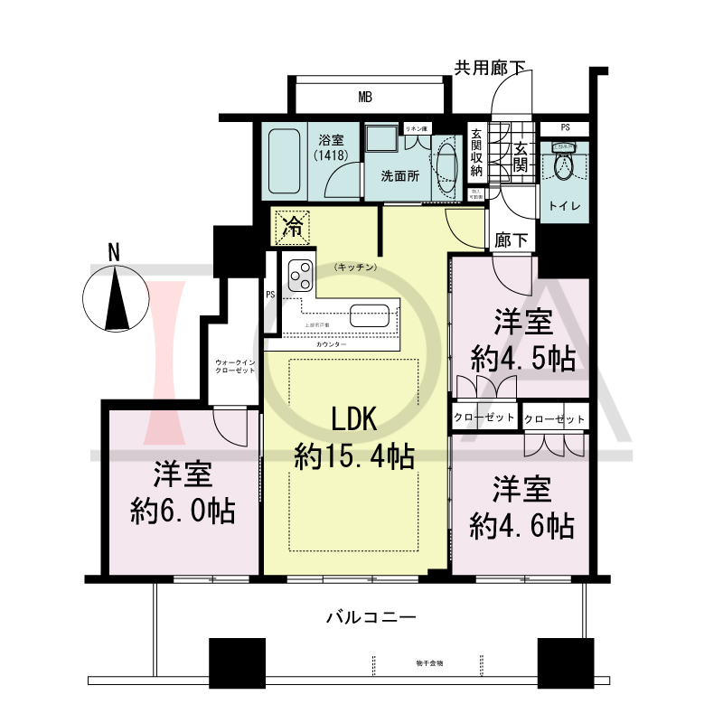 プレサンスレジェンド堺筋本町タワーの間取り図 南向き　3LDK+WIC　専有面積66.91m2
バルコニー面積14.41m2