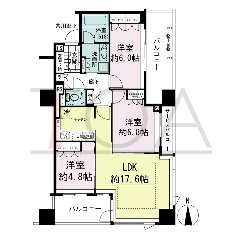 プレサンスレジェンド堺筋本町タワーの間取り図 南東向き角　3LDK　専有面積78.06m2
バルコニー面積17.19m2
サービスバルコニー面積2.69m2