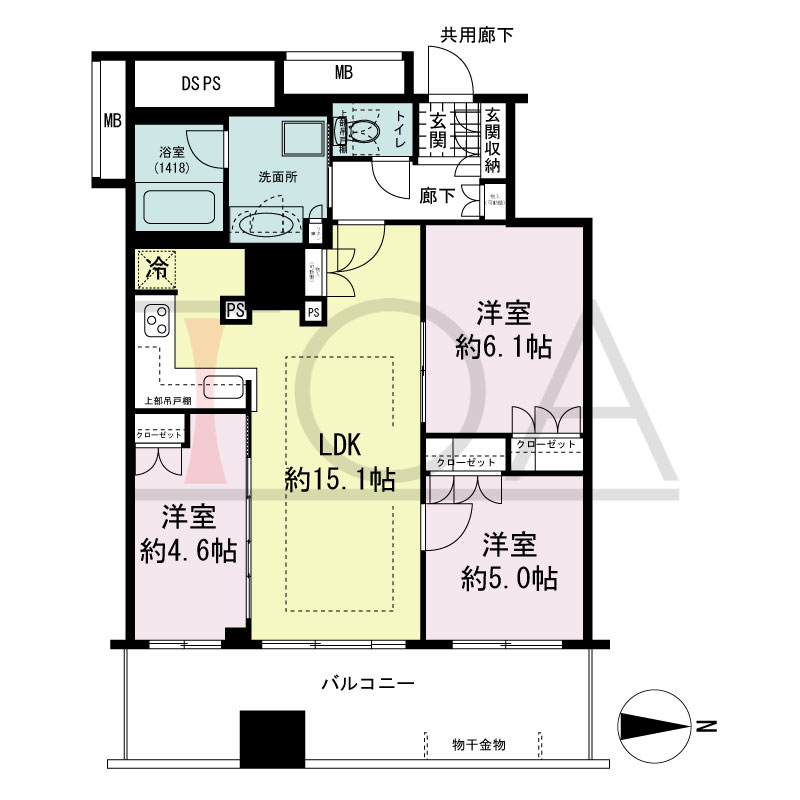 プレサンスレジェンド堺筋本町タワーの間取り図 東向き　3LDK　専有面積67.67m2
バルコニー面積13.86m2