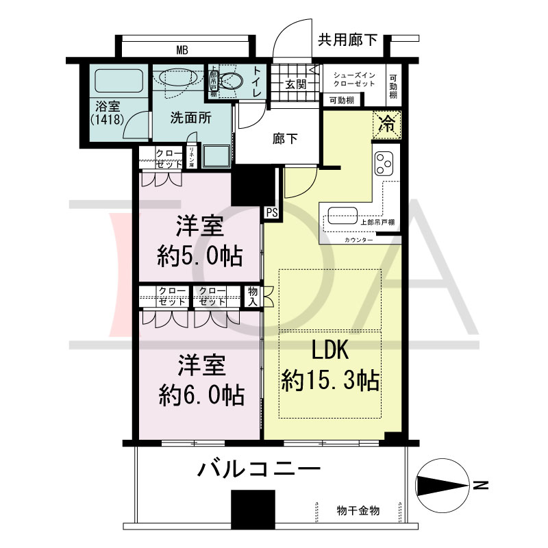 プレサンスレジェンド堺筋本町タワーの間取り図 東向き　2LDK+SIC　専有面積61.54m2
バルコニー面積11.52m2