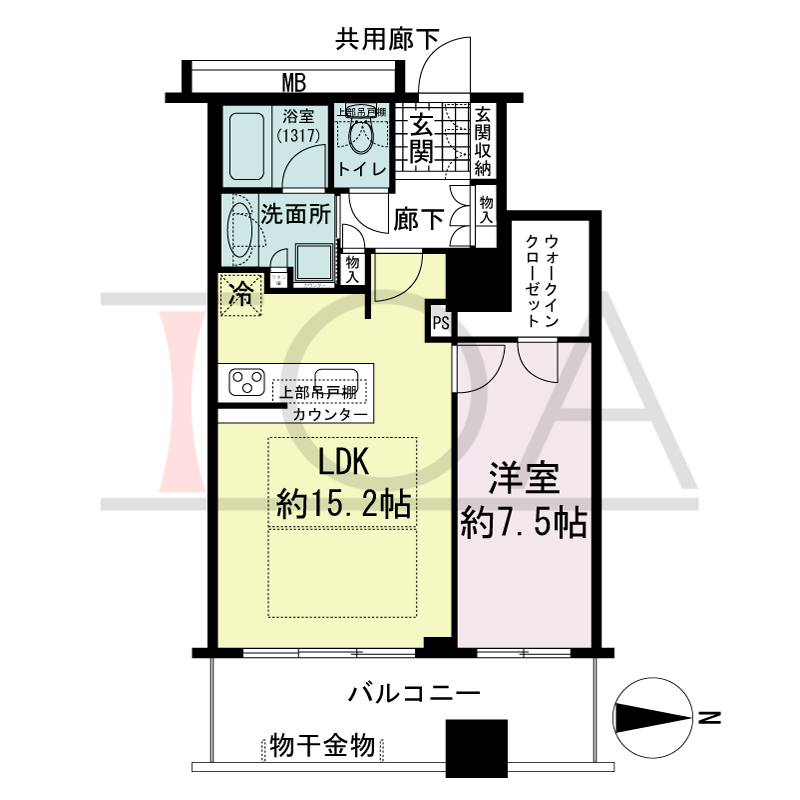 プレサンスレジェンド堺筋本町タワーの間取り図 東向き　1LDK+WIC　専有面積55.03m2
バルコニー面積11.34m2
