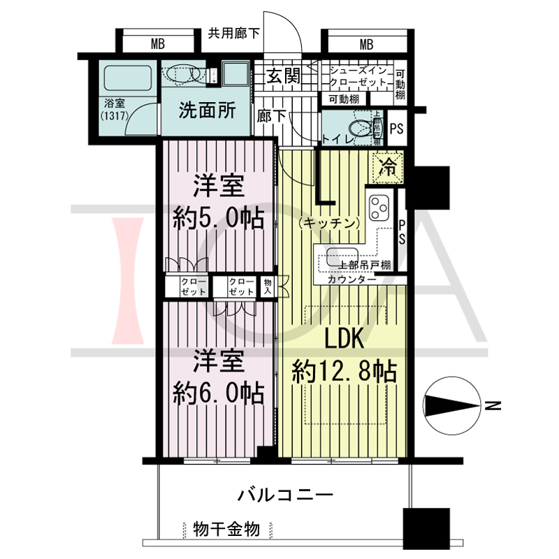 プレサンスレジェンド堺筋本町タワーの間取り図 東向き　2LDK+SIC　専有面積55.36m2
バルコニー面積10.26m2