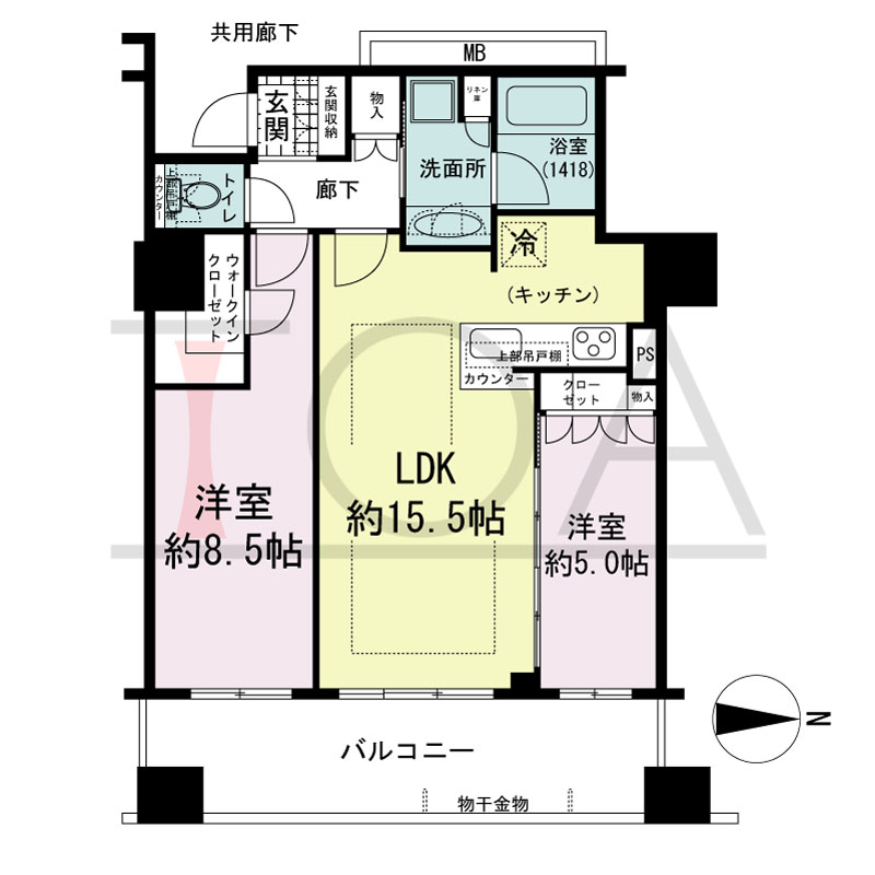 プレサンスレジェンド堺筋本町タワーの間取り図 東向き　2LDK+WIC　専有面積65.83m2
バルコニー面積13.68m2